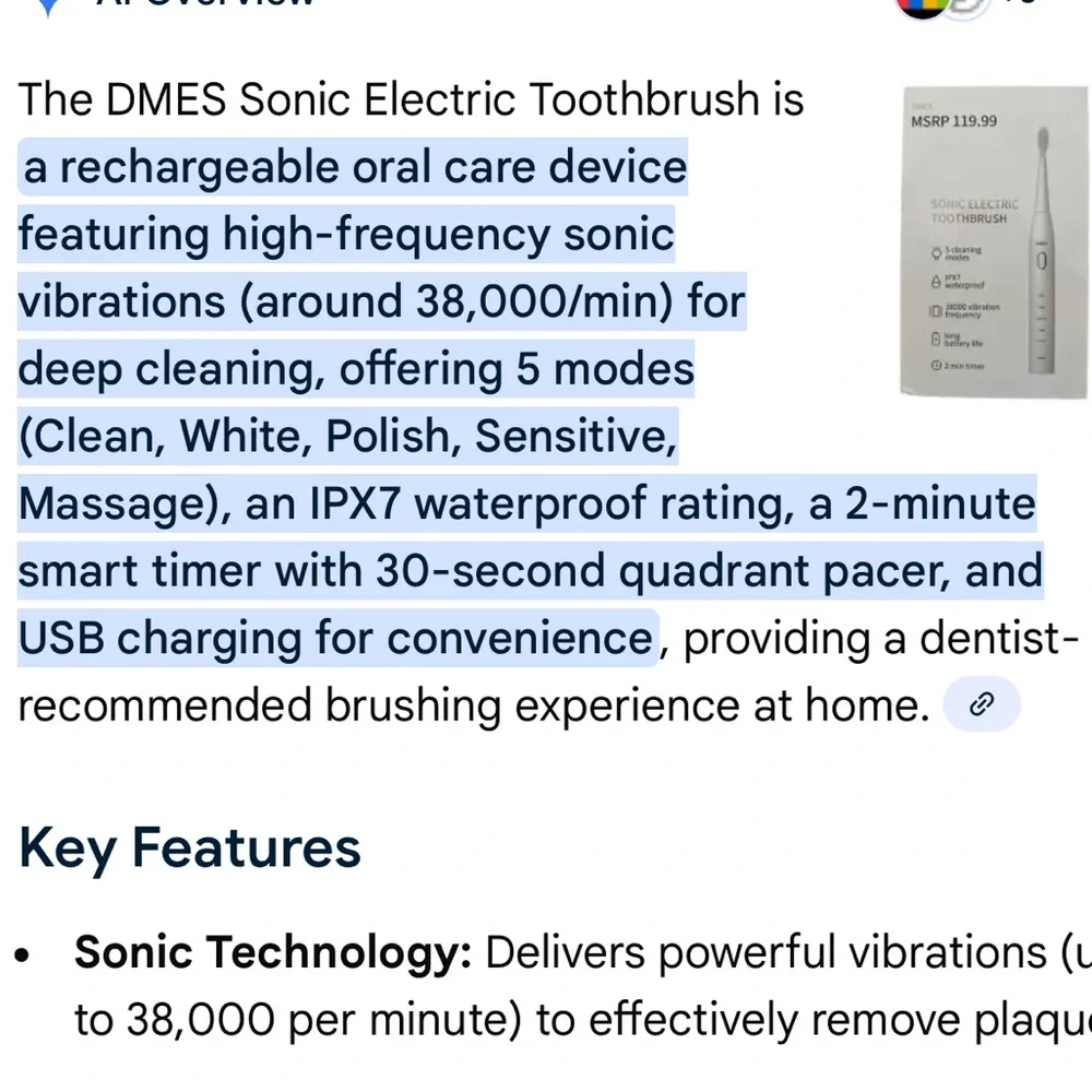 DMES DY-640 Sonic Electric Toothbrush 5 Modes USB Rechargeable NWT